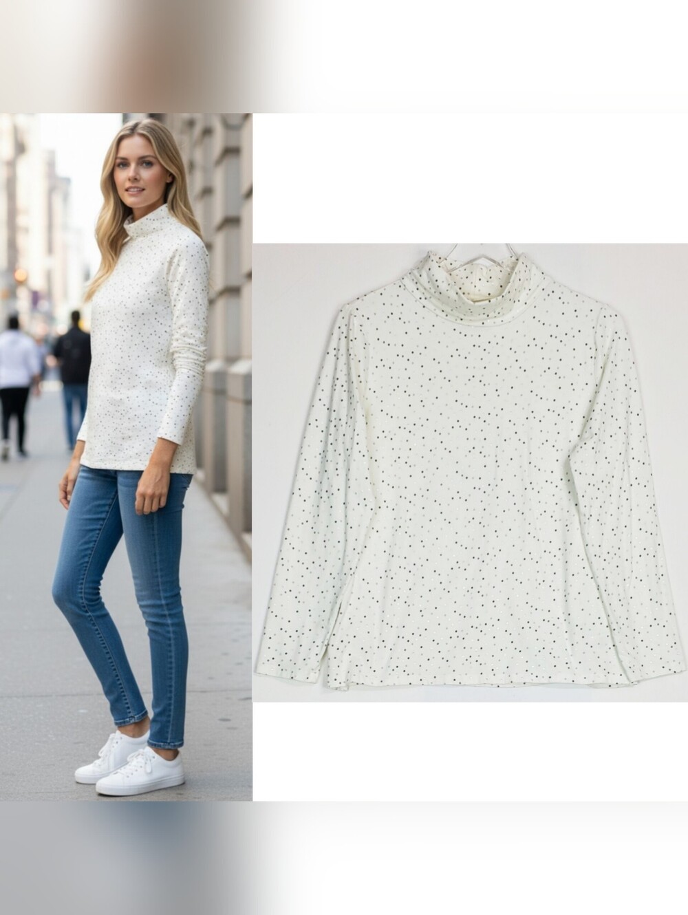 Talbots plus 1X classic turtle neck top scattered dots long sleeve white stretch